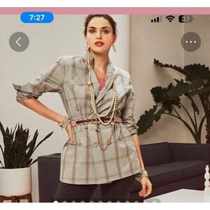 CABI Sleuth Blazer Cranberry Crush Plaid Oversize Jacket Womens Business SZ 8